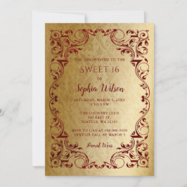 Convites Vintage Red Dourada Princesa Tiara Sweet 16 Convit