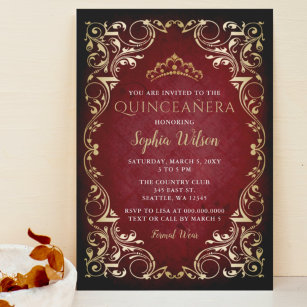 Convites Vintage Red Dourada Princess Tiara Quinceañera
