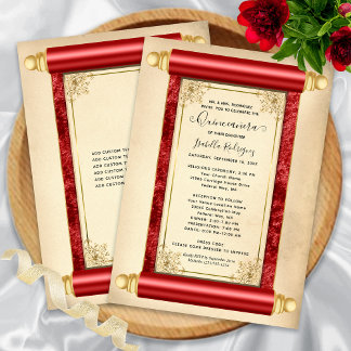 Convites Vintage Red Dourada Scroll Elegante Quinceañera