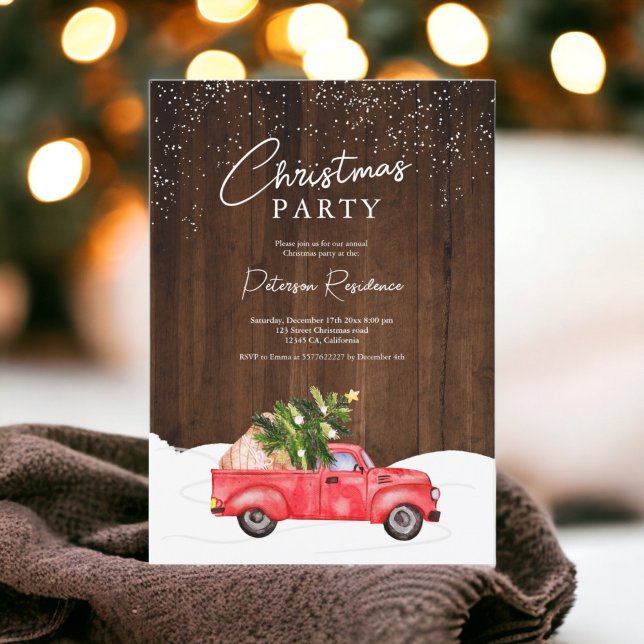 Convites Vintage Red Hat Snow Natal (Vintage red truck rustic wood snow Christmas Invitation)