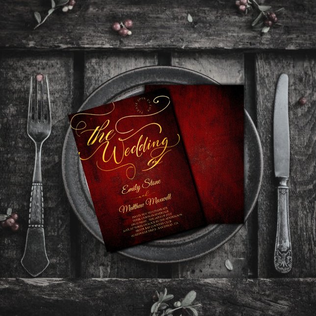 Convites Vintage Red Paraminho Budget, Calliografia Dourada (Criador carregado)