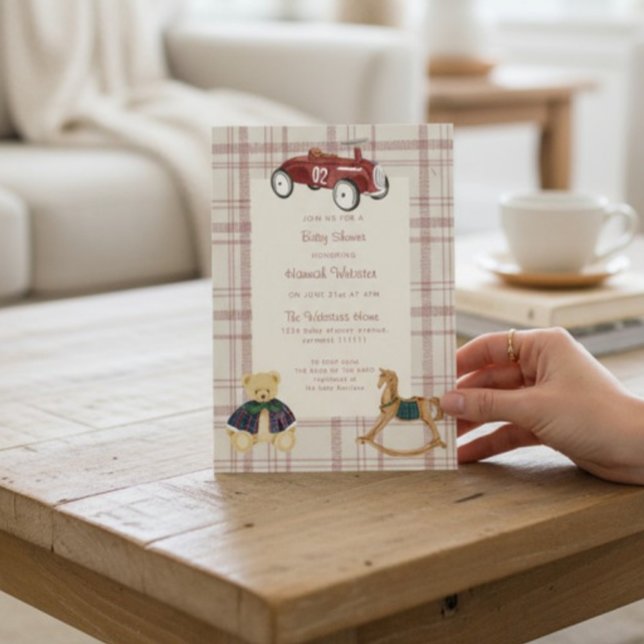 Convites Vintage Red Toy Car Baby Shower Invitation (Criador carregado)