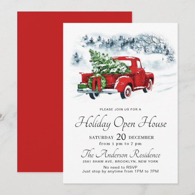 Convites Vintage Red Truck Natal Casa Aberta (Frente/Verso)