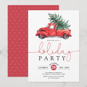 Convites Vintage Red Truck & Pine Tree Holiday Party (Festa