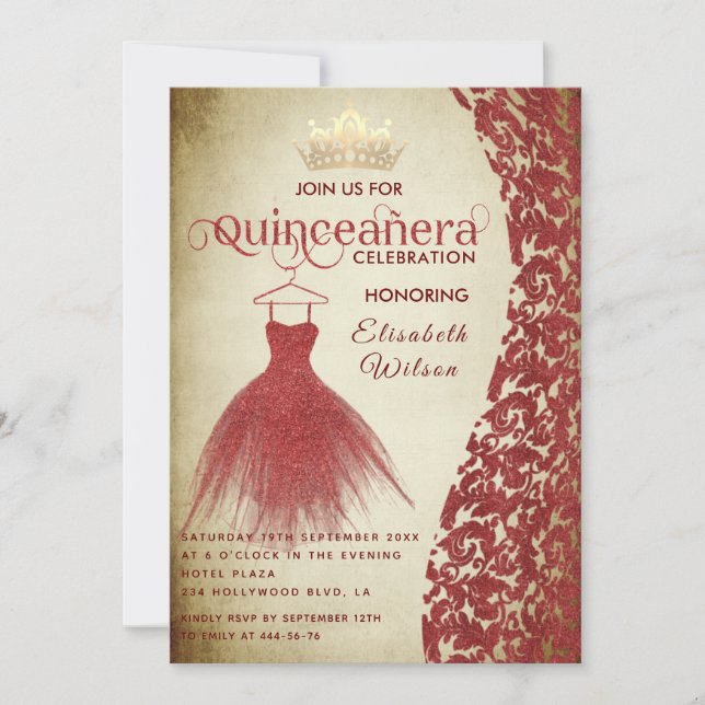Convites Vintage Red Vdamask gold tiara Quinceañera (Frente)