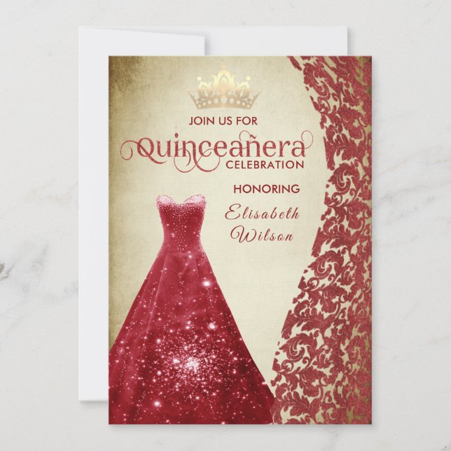 Convites Vintage Red Vdamask gold tiara Quinceañera I (Frente)