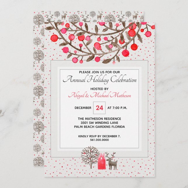 Convites Vintage Reindeer Woodland Holiday Party (Frente/Verso)