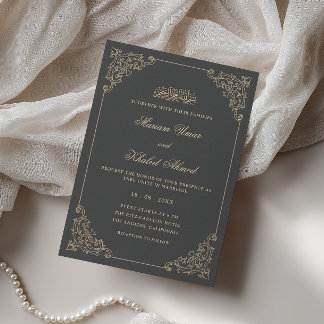 Convites Vintage Renda Casamento Muçulmano Cinza Carvão Dou