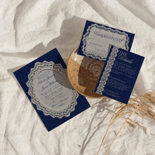 Convites Vintage Renda de Renda Azul Marinho Casamento Dinh