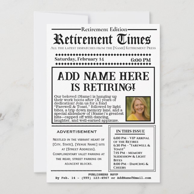 Convites Vintage “Retirement Times” Newspaper Invitation (Frente)