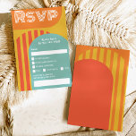 Convites Vintage retro 70s terracotta arch casamento rsvp<br><div class="desc">Vintage retro 70s,  arca laranja-terracotta queimada,  casamento rsvp com cor laranja,  amarelo,  arco estriado azul-lacrimogêneo e formas geométricas. Todas as cores são totalmente editáveis para combinar com a paleta de cores do casamento. Fontes modernas e retroativas.</div>