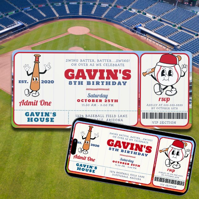 Convites Vintage Retro Baseball Ticket Sport Festa de anive (Criador carregado)