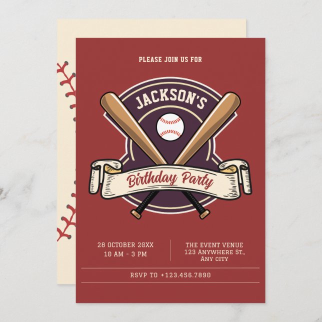 Convites Vintage retro beisebol no aniversário (Frente/Verso)