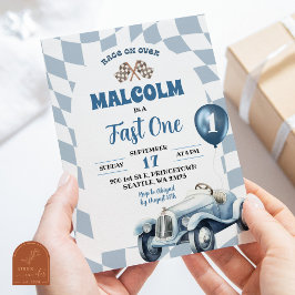 Convites Vintage Retro Blue Race Car Fast One primeiro aniv