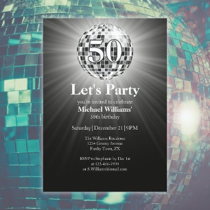 Convites Vintage Retro Disco Ball Black White 50th Birthday
