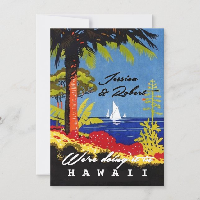 Convites Vintage Retro Exotic Island Beach Weding Invite (Frente)
