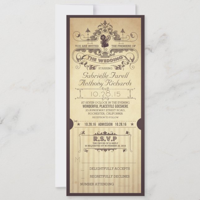 Convites Vintage retro ingressos de casamento (Frente)