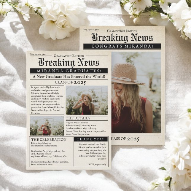 Convites Vintage Retro Newspaper 3 Photos Graduação (Vintage Retro Newspaper 3 Photos Graduation Invitation)