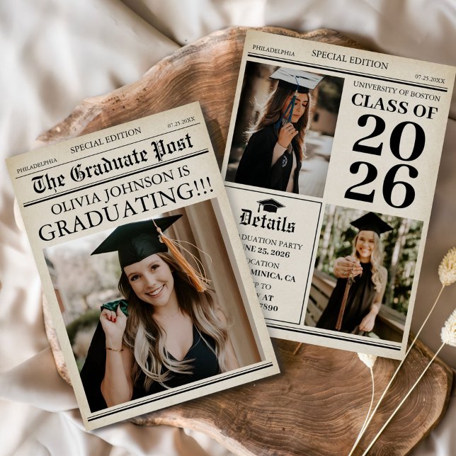Convites Vintage Retro Newspaper 3 Photos Graduation (Criador carregado)