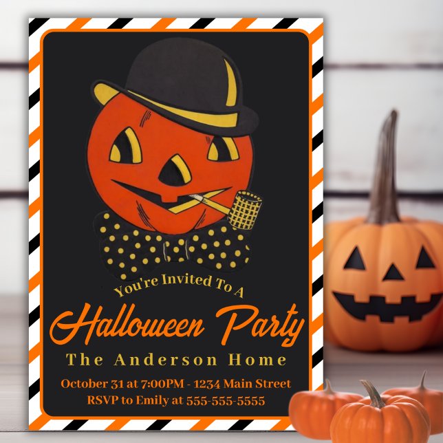 Convites Vintage Retro Pumpkin Man with Pipe Halloween (Vintage Retro Pumpkin Man with Pipe Halloween Invitation)