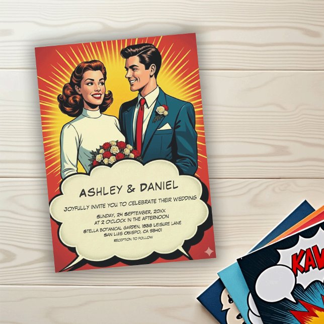 Convites Vintage Retro Romantic Couple Comic Style Wedding (Criador carregado)