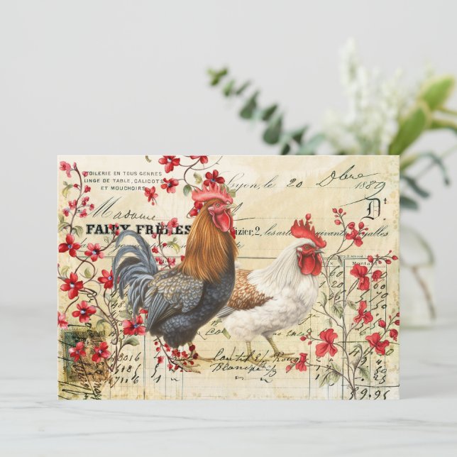 Convites Vintage Rooster e Hen Ephemera Decoupage (Em pé/Frente)