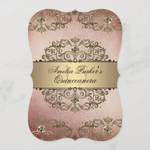 Convites Vintage Rosa Dourado, Damask Quinceanera