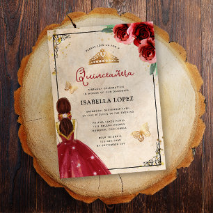 Convites Vintage Rosa Dourado Elegante Quinceañera