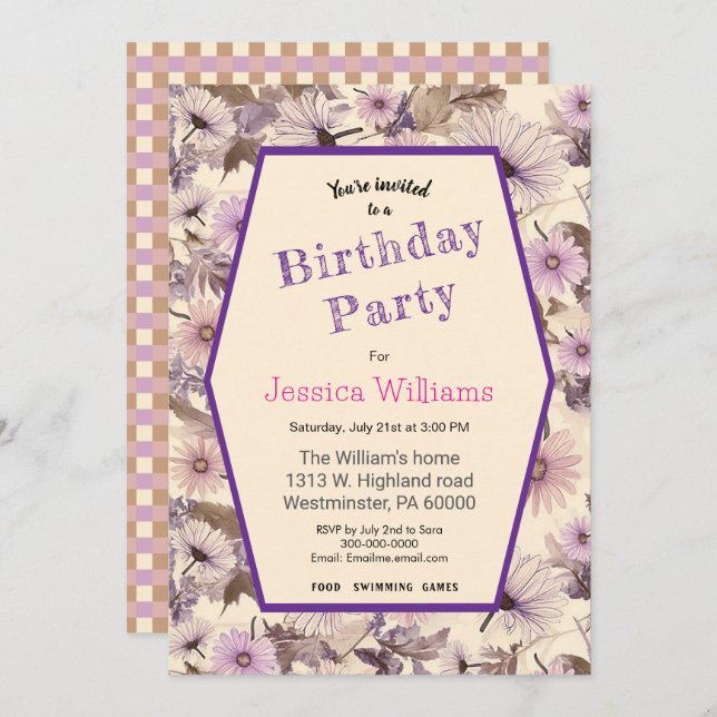 Convites Vintage, Rosa E Pêssego, Aniversário Floral (Frente/Verso)