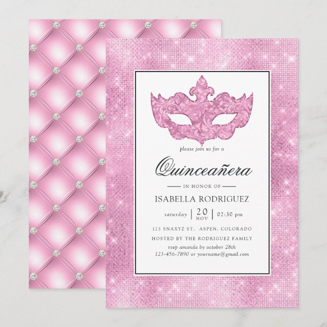Convites Vintage Rosa Mascarada Quinceañera (Frente/Verso)