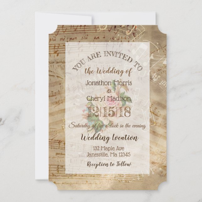 Convites Vintage Rosa Musical Notes Wedding (Frente)