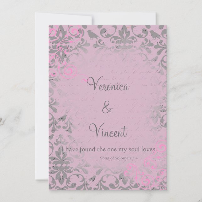 Convites Vintage, rosa romântico e Casamento tema damasco d (Frente)