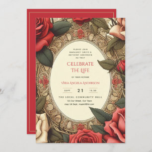 Convites Vintage Rosa vermelha Celebration Life Memorial Po