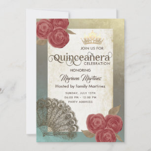 Convites Vintage, rosas de fã de mão cúbica tiara Quince