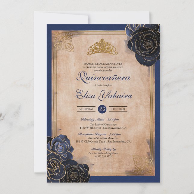 Convites Vintage Rosas Douradas Azul-Marinho Royal Quincean (Frente)