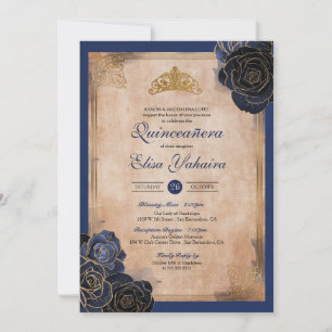 Convites Vintage Rosas Douradas Azul-Marinho Royal Quincean