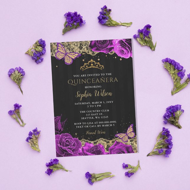 Convites Vintage Rosas Roxos Lace Dourado Negro Quinceañera (Purple Quincenaera Invitations )