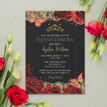 Convites Vintage Rosas vermelhas Black Dourada Lace Quincea<br><div class="desc">Elegante Rosas vermelhas Borboletas Black Dourado Lace Quinceañera Quince Convite</div>