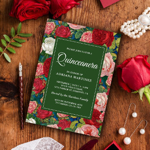Convites Vintage Rosas vermelhas Românticas Quinceanera Flo