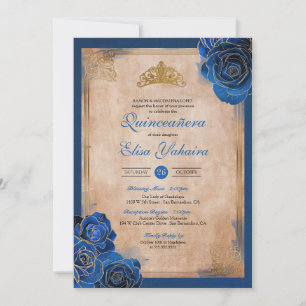 Convites Vintage Royal Blue Dourada Rosas Royal Quinceanera