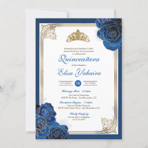 Convites Vintage Royal Blue Dourada Rosas Royal Quinceanera