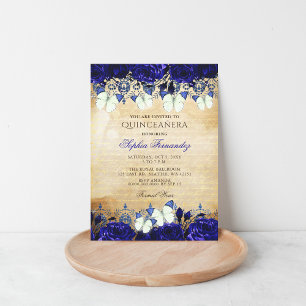 Convites Vintage Royal Blue Floral Butterfly Quinceañera