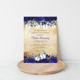 Convites Vintage Royal Blue Floral Butterfly Quinceañera