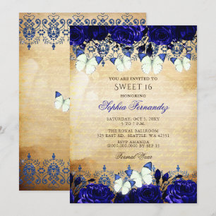 Convites Vintage Royal Blue Floral Butterfly Sweet 16