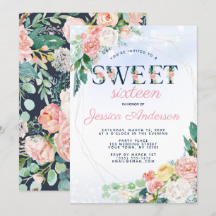 Convites Vintage Royal Blue Floral Sweet 16 Aniversário
