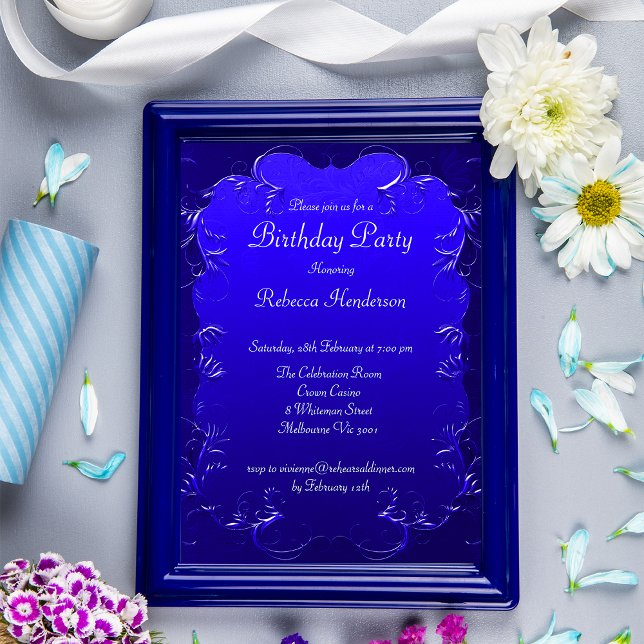 Convites Vintage Royal Blue Flourish Aniversário (Criador carregado)