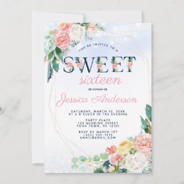 Convites Vintage Royal Blue Pink Floral Sweet 16 Aniversári