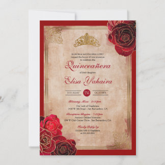 Convites Vintage Ruby Red & Dourados Rosas Royal Quinceaner