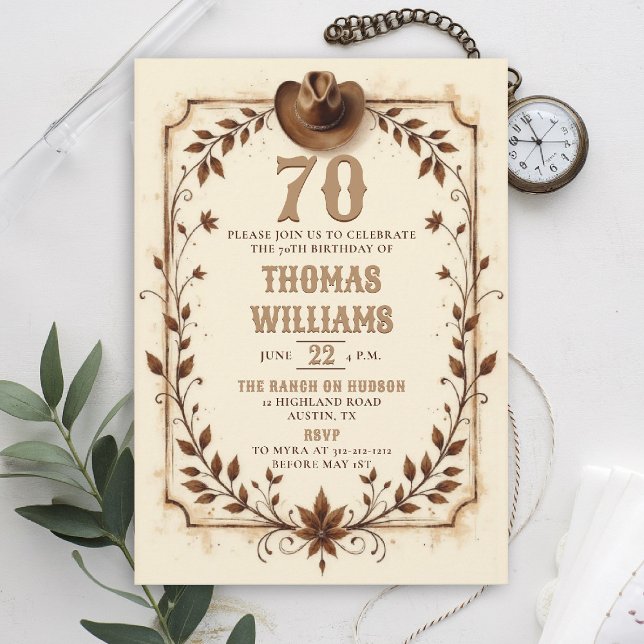Convites Vintage Rustic Cowboy Western Leaf 70th Birthday  (cowboy birthday invitation men 70th rustic vintage country western botanical husband dad grandpa)