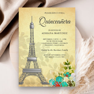 Convites Vintage Rustic Floral Eiffel Tower Quinceanera